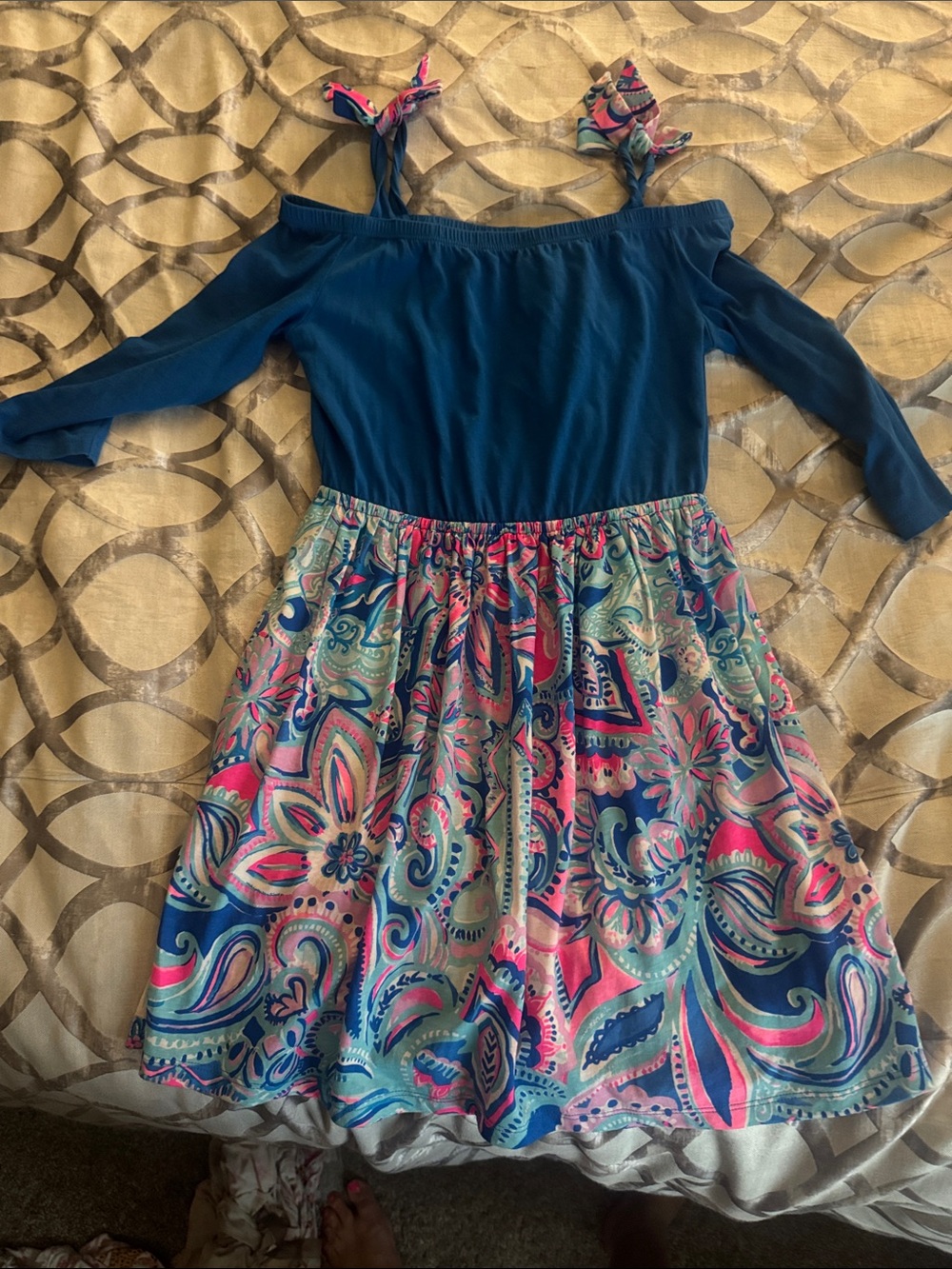 Lilly Pulitzer Navy Cold-Shoulder Dress with Pink Teal Paisley Skirt